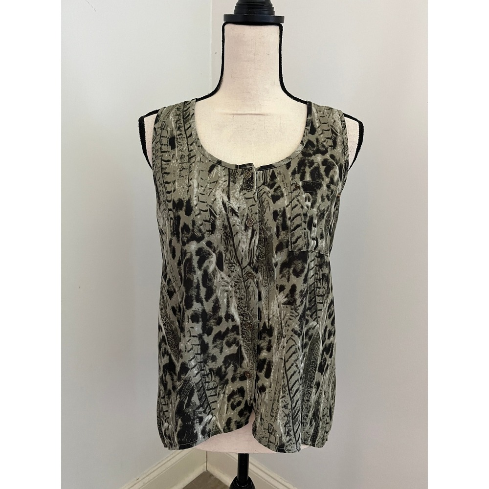 Edge Animal Print Button Down sz Small Olive Green‎ Black High Low Blouse Office
